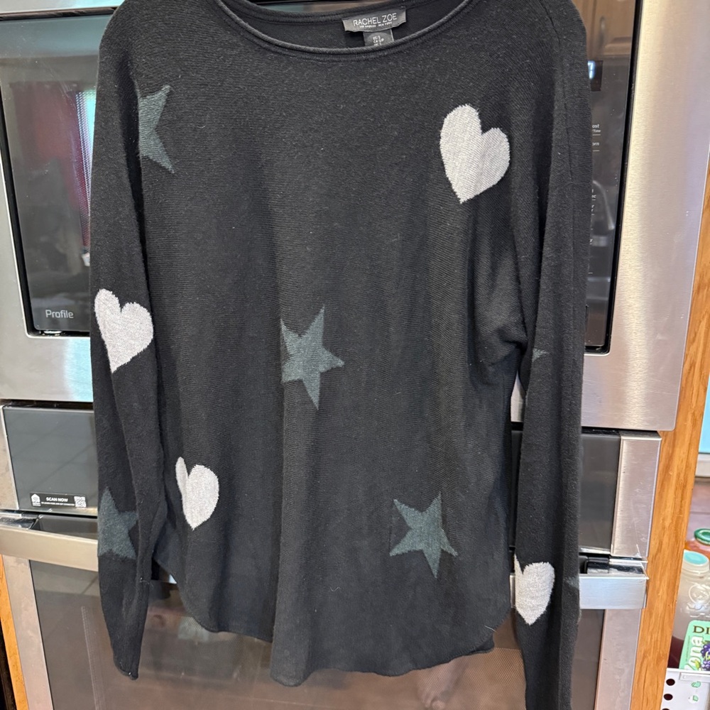 Rachel Zoe Black Heart and Star Print Long‎ Sleeve Knit Sweater Small